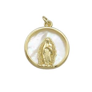 Virgin Mary Charms Copper Circle Pendant Pave Shell Religious Gold Plated, approx 15.5mm [FD14125]