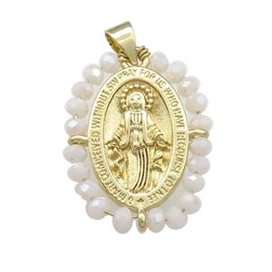 Virgin Mary Charms Copper Medal Pendant With White Crystal Glass Wire Wrapped Oval Gold Plated, approx 20-25mm [FD14131]