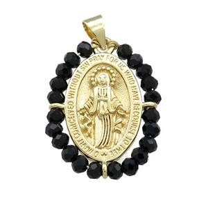 Virgin Mary Charms Copper Medal Pendant With Black Crystal Glass Wire Wrapped Oval Gold Plated, approx 20-25mm [FD14132]