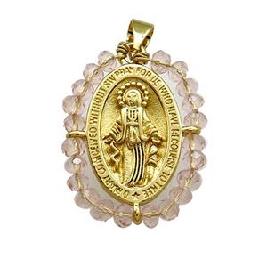 Virgin Mary Charms Copper Medal Pendant With Crystal Glass Wire Wrapped Oval Gold Plated, approx 20-25mm [FD14133]