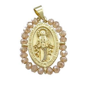 Virgin Mary Charms Copper Medal Pendant With Champagne Crystal Glass Wire Wrapped Oval Gold Plated, approx 20-25mm [FD14134]