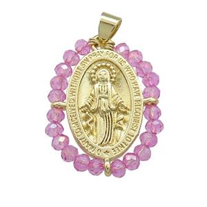 Virgin Mary Charms Copper Medal Pendant With Hotpink Crystal Glass Wire Wrapped Oval Gold Plated, approx 20-25mm [FD14135]
