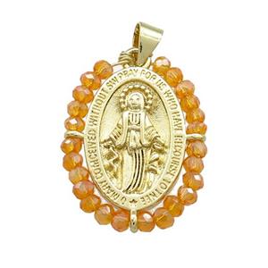 Virgin Mary Charms Copper Medal Pendant With Crystal Glass Wire Wrapped Oval Gold Plated, approx 20-25mm [FD14136]