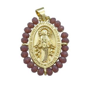 Virgin Mary Charms Copper Medal Pendant With Crystal Glass Wire Wrapped Oval Gold Plated, approx 20-25mm [FD14137]