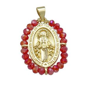 Virgin Mary Charms Copper Medal Pendant With Red Crystal Glass Wire Wrapped Oval Gold Plated, approx 20-25mm [FD14138]