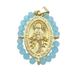 Virgin Mary Charms Copper Medal Pendant With Blue Crystal Glass Wire Wrapped Oval Gold Plated, approx 20-25mm [FD14139]