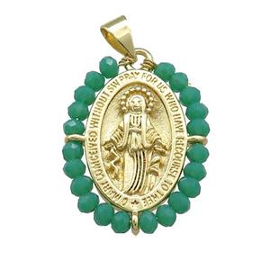 Virgin Mary Charms Copper Medal Pendant With Green Crystal Glass Wire Wrapped Oval Gold Plated, approx 20-25mm [FD14141]