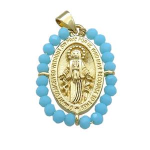 Virgin Mary Charms Copper Medal Pendant With Blue Crystal Glass Wire Wrapped Oval Gold Plated, approx 20-25mm [FD14142]