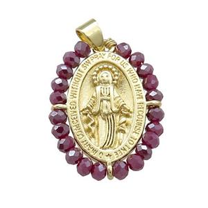 Virgin Mary Charms Copper Medal Pendant With Purple Crystal Glass Wire Wrapped Oval Gold Plated, approx 20-25mm [FD14143]