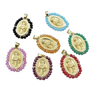 Virgin Mary Charms Copper Medal Pendant With Crystal Glass Wire Wrapped Oval Religious Gold Plated M, approx 20-25mm [FD14144]
