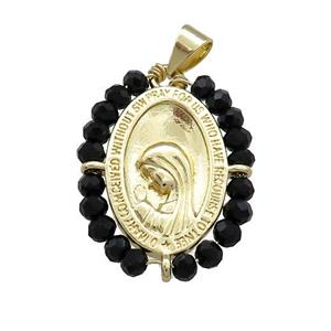 Virgin Mary Charms Copper Medal Pendant With Black Crystal Glass Wire Wrapped Oval Gold Plated, approx 20-25mm [FD14146]