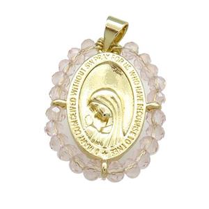 Virgin Mary Charms Copper Medal Pendant With Champagne Crystal Glass Wire Wrapped Oval Gold Plated, approx 20-25mm [FD14147]
