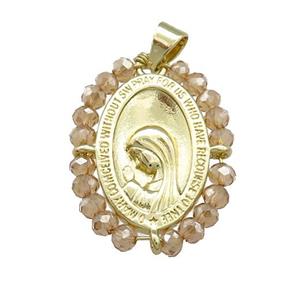 Virgin Mary Charms Copper Medal Pendant With Crystal Glass Wire Wrapped Oval Gold Plated, approx 20-25mm [FD14148]
