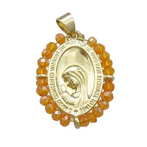 Virgin Mary Charms Copper Medal Pendant With Crystal Glass Wire Wrapped Oval Gold Plated, approx 20-25mm [FD14149]