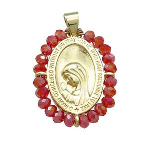 Virgin Mary Charms Copper Medal Pendant With Red Crystal Glass Wire Wrapped Oval Gold Plated, approx 20-25mm [FD14151]