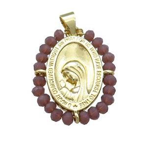 Virgin Mary Charms Copper Medal Pendant With Crystal Glass Wire Wrapped Oval Gold Plated, approx 20-25mm [FD14152]