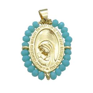 Virgin Mary Charms Copper Medal Pendant With Teal Crystal Glass Wire Wrapped Oval Gold Plated, approx 20-25mm [FD14153]