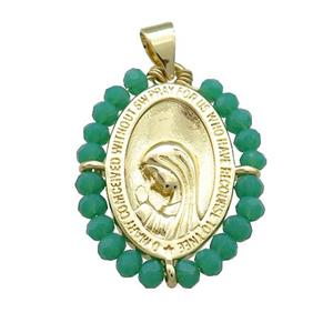 Virgin Mary Charms Copper Medal Pendant With Green Crystal Glass Wire Wrapped Oval Gold Plated, approx 20-25mm [FD14154]