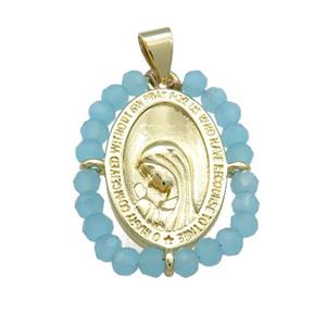 Virgin Mary Charms Copper Medal Pendant With Blue Crystal Glass Wire Wrapped Oval Gold Plated, approx 20-25mm [FD14155]