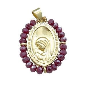 Virgin Mary Charms Copper Medal Pendant With Purple Crystal Glass Wire Wrapped Oval Gold Plated, approx 20-25mm [FD14156]