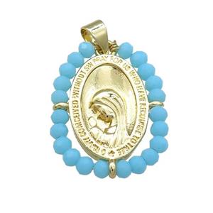 Virgin Mary Charms Copper Medal Pendant With Blue Crystal Glass Wire Wrapped Oval Gold Plated, approx 20-25mm [FD14157]