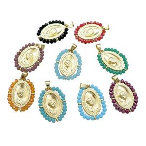 Virgin Mary Charms Copper Medal Pendant With Crystal Glass Wire Wrapped Oval Gold Plated Mixed, approx 20-25mm [FD14158]