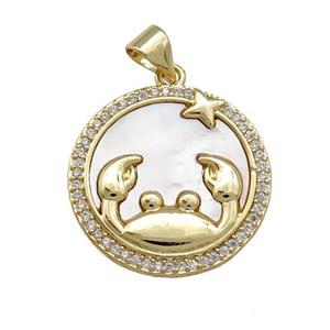 Zodiac Cancer Charms Copper Circle Pendant Pave Shell Zircon 18K Gold Plated, approx 20mm [FD14159]