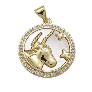 Zodiac Taurus Charms Copper Circle Pendant Pave Shell Zircon 18K Gold Plated, approx 20mm [FD14160]