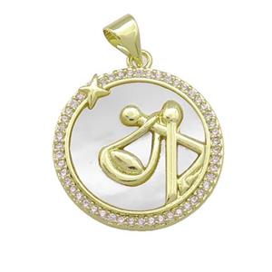 Zodiac Libra Charms Copper Circle Pendant Pave Shell Zircon 18K Gold Plated, approx 20mm [FD14161]
