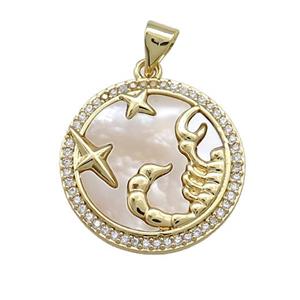 Zodiac Scorpio Charms Copper Circle Pendant Pave Shell Zircon 18K Gold Plated, approx 20mm [FD14162]