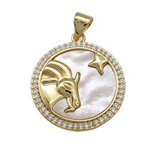 Zodiac Capricorn Charms Copper Circle Pendant Pave Shell Zircon 18K Gold Plated, approx 20mm [FD14163]