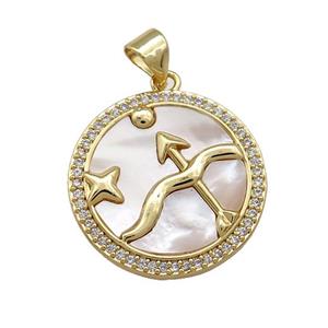 Zodiac Sagittarius Charms Copper Circle Pendant Pave Shell Zircon 18K Gold Plated, approx 20mm [FD14164]