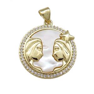 Zodiac Gemini Charms Copper Circle Pendant Pave Shell Zircon 18K Gold Plated, approx 20mm [FD14165]