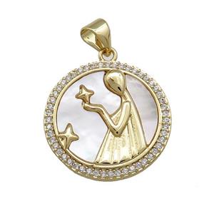 Zodiac Virgo Charms Copper Circle Pendant Pave Shell Zircon 18K Gold Plated, approx 20mm [FD14167]