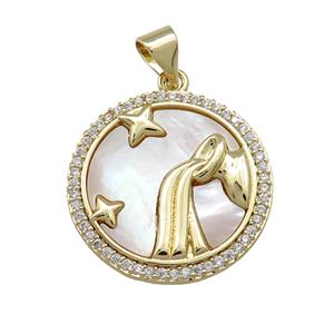 Zodiac Aquarius Charms Copper Circle Pendant Pave Shell Zircon 18K Gold Plated, approx 20mm [FD14168]