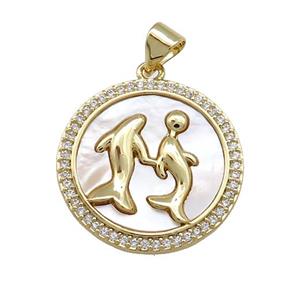 Zodiac Pisces Charms Copper Circle Pendant Pave Shell Zircon 18K Gold Plated, approx 20mm [FD14169]