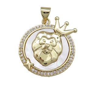 Zodiac Leo Charms Copper Circle Pendant Pave Shell Zircon 18K Gold Plated, approx 20mm [FD14170]