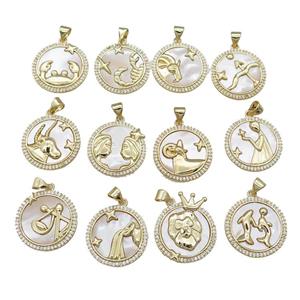 Zodiac Charms Copper Circle Pendant Pave Shell Zircon 18K Gold Plated Mixed, approx 20mm [FD14171]