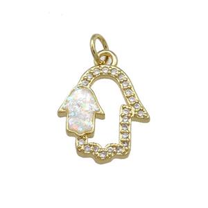 Copper Hamsahand Pendant Pave White Fire Opal Zircon 18K Gold Plated, approx 14-16mm [FD14172]