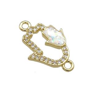 Copper Hamsahand Connector Pave White Fire Opal Zircon 18K Gold Plated, approx 14-16mm [FD14173]