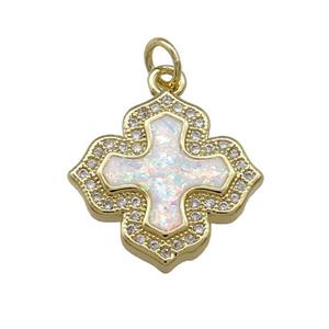 Copper Cross Pendant Pave White Fire Opal Zircon 18K Gold Plated, approx 18mm [FD14183]