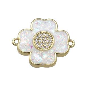 Copper Clover Connector Pave White Fire Opal Zircon 18K Gold Plated, approx 18mm [FD14189]