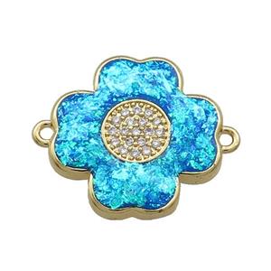Copper Clover Connector Pave Blue Fire Opal Zircon 18K Gold Plated, approx 18mm [FD14190]