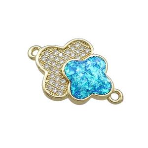 Copper Clover Connector Pave Blue Fire Opal Zircon Double 18K Gold Plated, approx 14-16mm [FD14192]