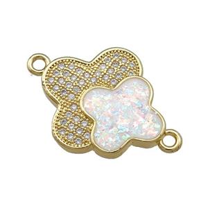 Copper Clover Connector Pave White Fire Opal Zircon Double 18K Gold Plated, approx 17-19mm [FD14193]