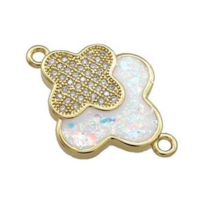 Copper Clover Connector Pave White Fire Opal Zircon Double 18K Gold Plated, approx 17-19mm [FD14195]