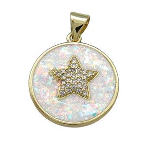 Copper Circle Pendant Pave White Fire Opal Zircon Star 18K Gold Plated, approx 18mm [FD14199]