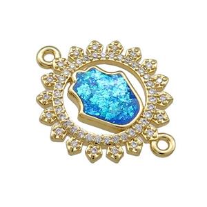 Copper Circle Connector Pave Blue Fire Opal Zircon Hamsahand 18K Gold Plated, approx 20mm [FD14202]