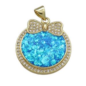 Copper Circle Pendant Pave Blue Fire Opal Zircon Bowknot 18K Gold Plated, approx 22mm [FD14204]