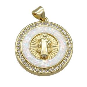Copper Jesus Pendant Pave White Fire Opal Zircon Circle 18K Gold Plated, approx 22mm [FD14205]
